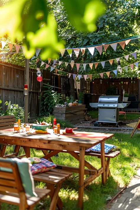 A sunny backyard with a picnic table, chairs, BBQ grill, festive bunting, and hanging lanterns. Perfect setup for a summer gathering. Backyard Bbq Photoshoot, Park Bbq Party, Manifest Proposal, Elegant Bbq Party Decor, Barbecue Birthday Party Ideas, Hosting A Bbq Party, Bbq Birthday Party Ideas, Bbq Engagement Party Ideas, Barbecue Party Ideas