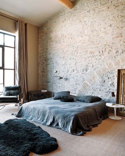 Exposed Brick Walls, Barn Style House, Wall Carpet, Stone Walls, Design Del Prodotto, Style At Home, Chiaroscuro, Dream Bedroom, Stone Wall