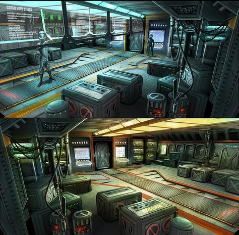 Ship Cargo Bay Concepts by cgfelker on DeviantArt Sci Fi Mood Board, Cargo Ship Interior, Spaceship Interior Concept Art, Destiny Ships, Warehouse Interior, Interior Concept Art, Sci Fi Aesthetic, Sci Fi Ship, Sci Fi Props