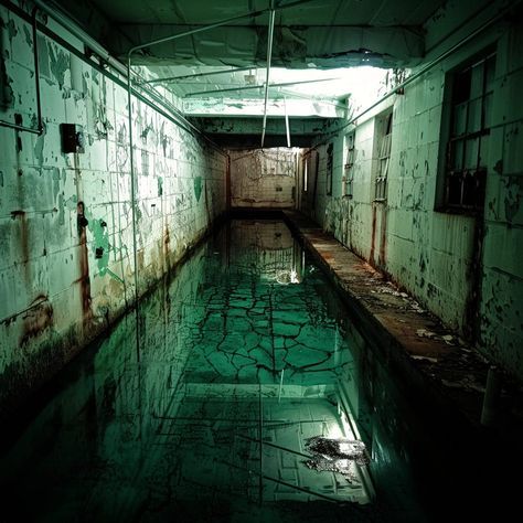 Scary Architecture, Scary Pool, Horror Basement, Horror Building, Scary Hospital, Basement Aesthetic, Liminal Horror, Scary Room, Abandoned Pool