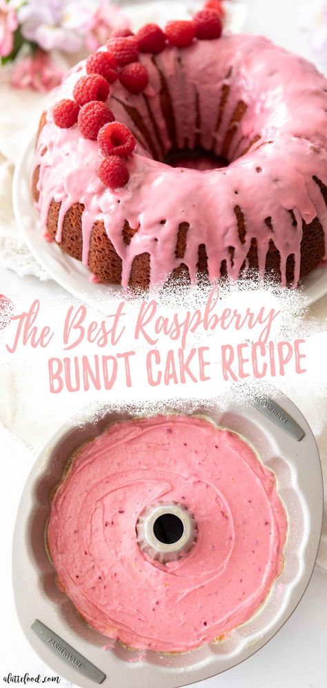 This Homemade Raspberry Bundt Cake recipe topped with a raspberry glaze is made with fresh raspberries (a homemade raspberry sauce) and freeze dried raspberries. It’s a raspberry sour cream cake from scratch—made without raspberry gelatin, jell-o, or cake mix. It’s an easy bundt cake recipe we love as a spring dessert or Valentine’s Day dessert. Berry Bundt Cake Recipes, Fresh Picked Raspberry Recipes, Easy Raspberry Cake Recipe, Vanilla Raspberry Bundt Cake, Raspberry Cake Ideas, Raspberry Cakes Birthday, Small Raspberry Cake, Raspberry Pound Cake Recipes, Best Raspberry Desserts