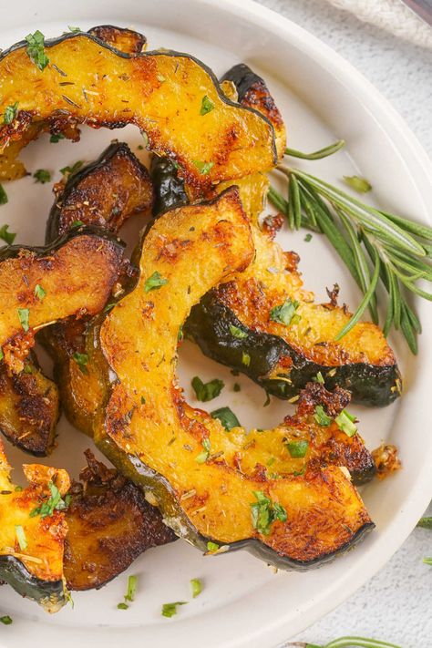 Roasted Acorn Squash Squash Fries, Roasted Acorn Squash, Acorn Squash, Chuck Roast, Parmesan Cheese, Yummy Sides, Cooking Ideas, Side Dish, Parmesan