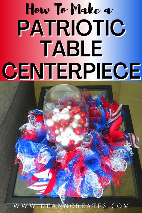 In this DIY tutorial you will learn how to make a patriotic centerpiece with Dollar Tree Deco Mesh. It's the perfect table decor for 4th of July (Fourth), Memorial Day, and President's Day. This red, white, and blue wreath will look great in your home. #DIY #DollarTreeDIY #FourthOfJulyDecor 4h Crafts, Patriotic Candles, Kids Birthday Crafts, Patriotic Centerpieces, Diy Wreath Bow, Patriotic Diy, Americana Crafts, Felt Craft Projects, Craft Projects For Adults