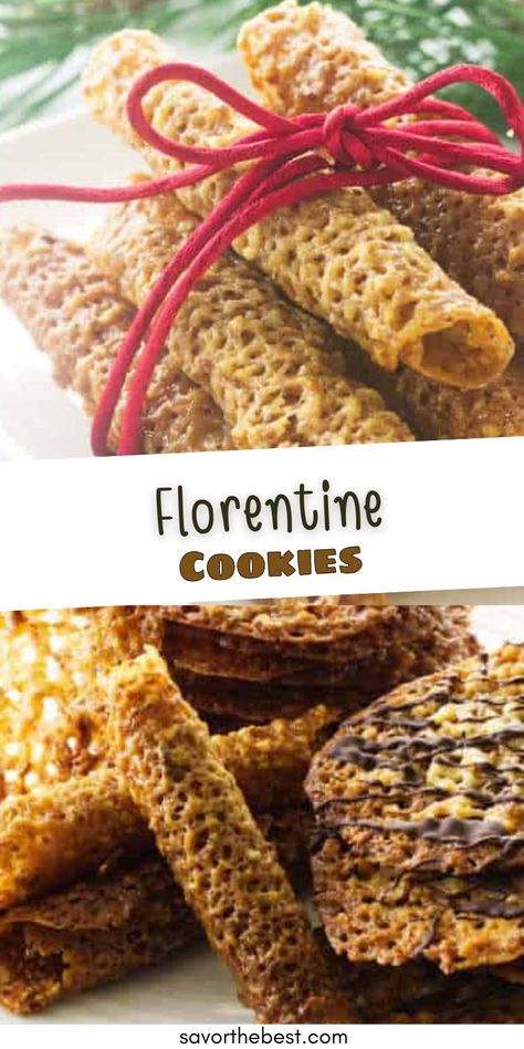 Lacy Florentine Cookies are a delight to the tastebuds with their rich, buttery, flavor and subtle almond taste.  When still warm you can make them into cones, dessert cups or shaped into cigar-like rolls.  And a drizzle of chocolate is a nice touch. Florentines Cookies, Florintine Cookies, Florentine Cookies Recipe, Florentine Cookies, Florentines Recipe, Lace Cookies, Brown Sugar Cookies, Ultimate Cookies, Holiday 2024