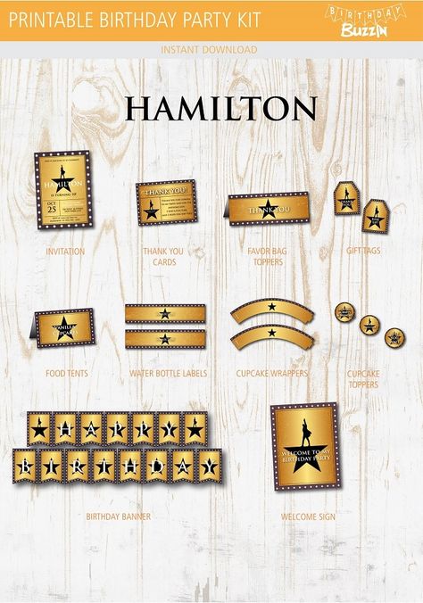 Hamilton Birthday Party Printable Kit | Birthday Buzzin Hamilton Themed Birthday Party, Hamilton Birthday Party Ideas, Hamilton Birthday Party, Alexander Hamilton Birthday, Hamilton Birthday, Hamilton Party, Hamilton Wallpaper, Favor Bag Toppers, Broadway Show