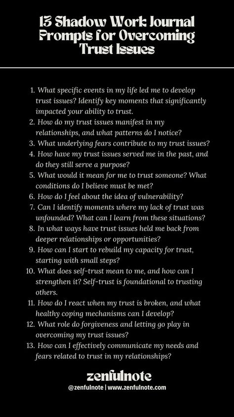 Shadow work aimed at exploring and healing trust issues can help you delve into the roots of these challenges, offering insights into your fears, past experiences, and the steps you can take towards healing and building healthier relationships. Engaging with these questions requires courage and an open heart. Remember, healing trust issues is a process that takes time. Trust Issues Quotes, Shadow Work Journal Prompts, Work Journal Prompts, Shadow Work Spiritual, Change Bad Habits, Shadow Work Journal, Journal Questions, Healing Journaling, Daily Journal Prompts