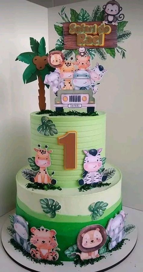 Jungle Safari Cake 2 Tier, Jungle Safari Cake, Christmas Stickers Printable, Jungle Theme Cakes, Girl Baby Shower Centerpieces, Safari Cakes, Animal Cake, Safari Birthday, Safari Party