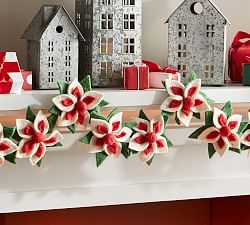 Felt Poinsettia Garland Diy Felt Christmas Garland, Mirror Garland, Poinsettia Garland, Felt Poinsettia, Pottery Barn Christmas Decor, Fabric Creation, Felt Garlands, Decorative Garland, Pottery Barn Christmas