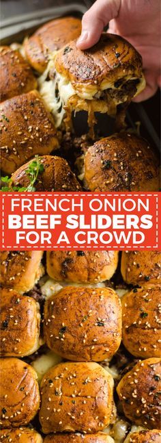 French Onion Beef Sliders For A Crowd. This is one appetizer recipe you don't want to skip. Serve it for the Super Bowl and watch how quickly these little sandwiches disappear. | hostthetoast.com French Onion Sliders, French Onion Beef Sliders, Sliders For A Crowd, Fingerfood Recipes, French Onion Beef, Beef Sliders, Appetizers For A Crowd, Cooking For A Crowd, Beef Recipe