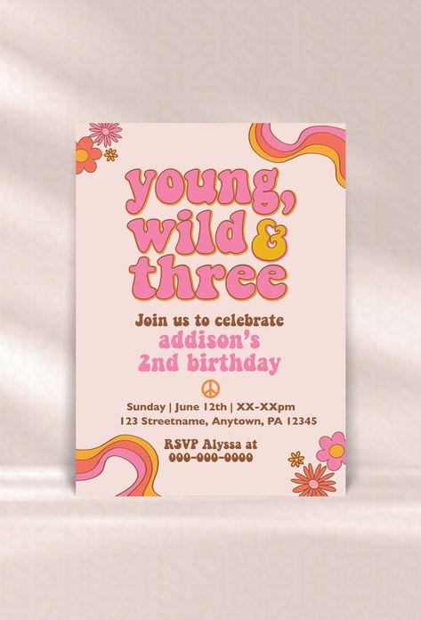 Retro Third Birthday Party Theme with a groovy background \ Young, Wild, and Three with Bright Pink and Orange colors Young Wild And Three Birthday Invitation, Three Year Birthday Themes, Birthday Party 3 Girl, Wild Three Birthday Party Girl, 3rd Birthday Theme Ideas Girl, Third Birthday Theme Ideas, Three Year Old Girl Birthday Party Ideas, Three Birthday Theme Girl, Girls Third Birthday Party Ideas