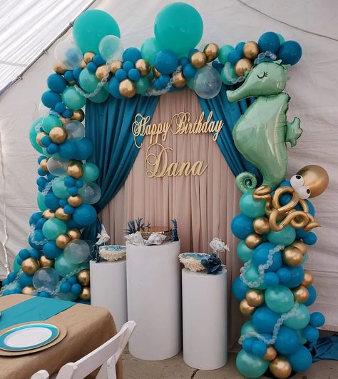 EVENT DESIGNER on Instagram: “By @blossombloomsevents…” Ocean Party Backdrop, Under The Sea Balloon Backdrop, Beach Theme Balloon Arch, Ocean Balloon Arch, Under The Sea Balloon Garland, Under The Sea Backdrop, Under The Sea First Birthday, Ocean Baby Shower Theme, Sweet 13