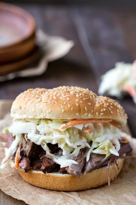 Slow Cooker Beef Sandwiches with Horseradish Coleslaw - I Heart Eating Horseradish Coleslaw Recipe, Slow Cooker Beef Sandwiches, Horseradish Coleslaw, Slow Cooker Pulled Pork Sandwiches, Pulled Pork Sandwiches, Beef Sandwiches, Pork Sandwiches, Slow Cooker Pulled Pork, Slow Cooked Meals