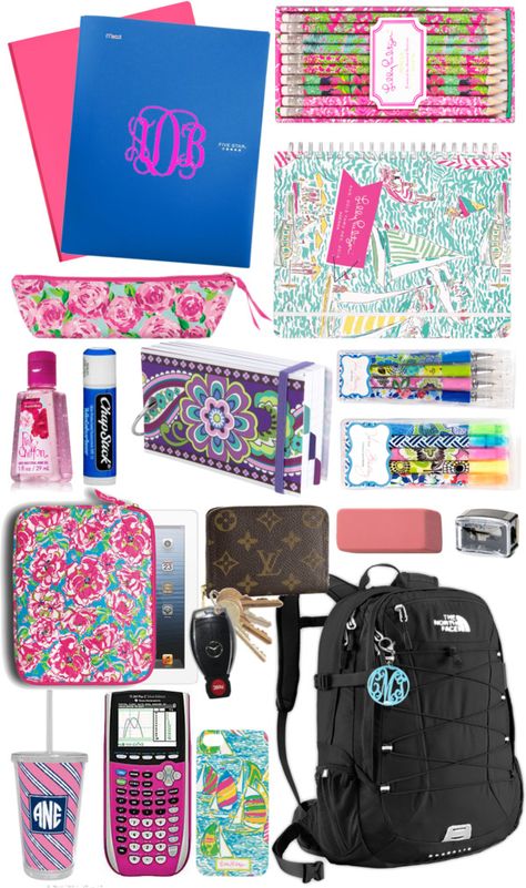 ❤ liked on PolyvoreBackpacks bag / Plastic bag / Lilly Pulitzer  / Lilly Pulitzer  / Tech accessory / Acrylic key chain / Paula Dorf eyeliner pencil sharpener / Body moisturizer / Lilly Pulitzer  / Lilly Pulitzer 2014 Jumbo Agenda / Lilly Pulitzer Pencil Set / Vera Bradley Study Buddy / Texas Instruments TI-SEC84+ Color Screen Graphing Calculator Pink / Vera Bradley Highlighters / Vera Bradley Gel Pens / Car Monogram, Preppy School Supplies, What's In My Backpack, Study Buddy, Monogram Vinyl Decal, School Survival, Flower Shower, School Accessories, Cute School Supplies