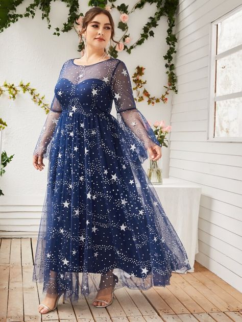 Free Returns ✓ Free Shipping On Orders $49+ ✓. Plus Galaxy Print Mesh Overlay Dress- Plus Size Dresses at SHEIN. Celestial Dress, Body Positive Fashion, Dinner Gown, Galaxy Dress, Big Size Dress, Mesh Overlay Dress, Prom Dress Plus Size, Dress Aesthetic, Galaxy Print