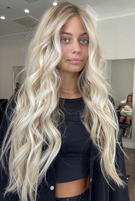 Curled Blonde Hair Long, Platinum Blonde With Extensions, Extreme Blonde Hair, Beach Blonde Highlights On Blonde Hair, Hair Extensions 22 Inch, Curled Long Blonde Hair, Beachy Platinum Blonde Hair, Long Blonde Hair 2023, Bright Beachy Blonde