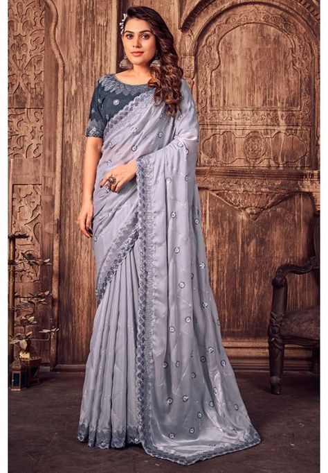 Grey Designer Sequins Embroidered Saree - NRF39803 Sky Blue Saree, Satin Silk Saree, Blue Silk Saree, Purple Saree, Indian Party, Indian Sarees Online, Wedding Saree Indian, Bridal Sarees, Blue Saree