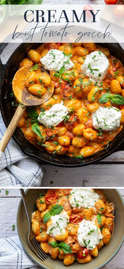 A creamy fresh cherry tomato sauce coats every inch of pillowy gnocchi in this summery burst tomato gnocchi that's topped with lots of fresh basil and rich burrata cheese. Crispy Gnocchi With Tomato And Red Onion, Gnocchi Cherry Tomato Recipes, Pesto Gnocchi And Burrata, Gnocchi And Burrata, Gnocchi Pesto Burrata, Gnocci Meals Gnocchi Recipes, Burrata Gnocchi, Summer Gnocchi, Healthy Gnocchi