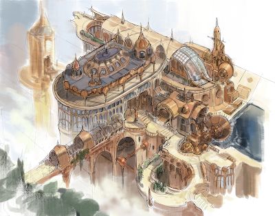 Décor Steampunk, Steampunk City, Golden City, Rpg Map, Landscape Concept, Building Art, Fantasy City, Art Academy, Fantasy Art Landscapes