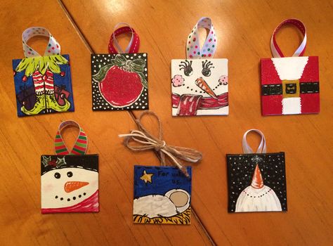 Mini Canvas Ornaments Canvas Christmas Ornaments Diy, Christmas Canvas Ornaments, Small Canvas Ornaments, Tiny Canvas Christmas Paintings, Mini Canvas Ornaments Diy, Small Canvas Paintings Christmas, Christmas Mini Canvas Ideas, Small Canvas Christmas Ornaments, Canvas Ornaments Painted