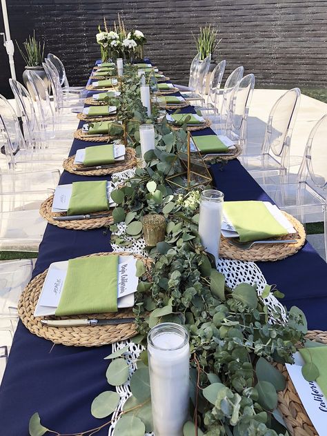 Green And Blue Party Decor, Blue And Green Tablescapes, Green Brunch Decor, Blue And Green Birthday Theme, Navy Tablescape, Navy Blue And Sage Green Wedding Table Decor, Blue And Green Graduation Party, Navy Table Setting, Blue And Green Decor