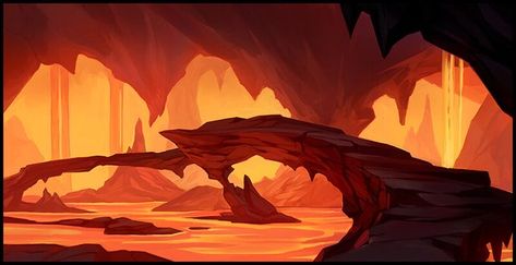 Lava Landscape Art, Lava Environment Concept Art, Fantasy Lava Landscape, Fire Environment Concept Art, Lava Cave Concept Art, Lava Concept Art, Lava Kingdom, Lava Drawing, Lava Illustration