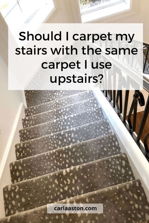 Should I carpet my stairs with the same carpet I use upstairs? Carpet Upstairs Hallway, Redoing Carpeted Stairs, Decorative Carpet On Stairs, Different Carpet In Hallway And Bedrooms, Different Carpet On Stairs And Landing, Accent Carpet On Stairs, Carpet Steps Ideas, Stair And Hallway Carpet Ideas, Pattern Carpet Stairs