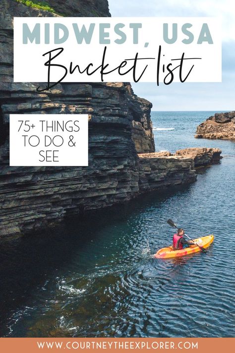 34 hikes, 11 cute small towns, 10 Midwest hidden treasures, and the best cities to visit this summer! A bucket list for Midwest travel - explore middle America (the best place on earth, yeah?)!! Illinois, Indiana, Kanas, Iowa, Michigan, Minnesota, Ohio, Missouri, Nebraska, North Dakota, South Dakota, and Wisconsin! 75+ places to see and things to do this summer! #midwesttravel #usatravel #localtravel #travel Midwest Bucket List, Missouri Bucket List, Indiana Bucket List, Backpacking Places, Motorhome Trip, Midwest Travel Destinations, Midwest Vacations, South Dakota Road Trip, Middle America