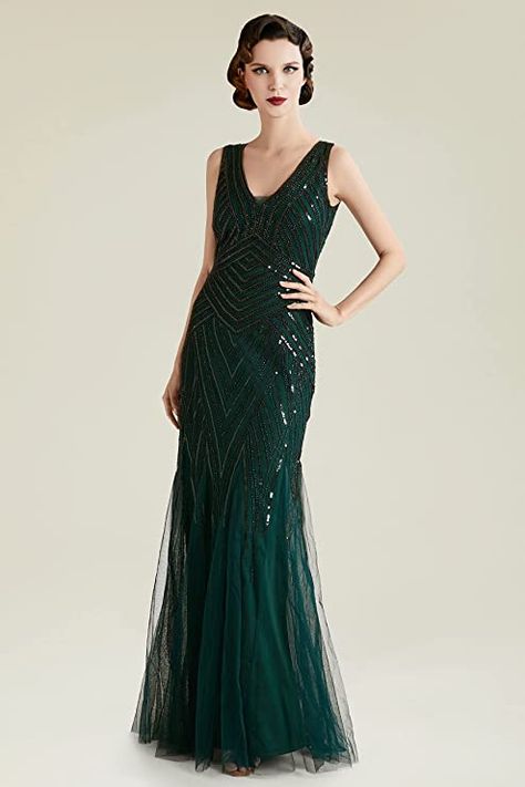 Maxi Dress For Wedding, Flapper Dress 1920s, Beaded Bridesmaid Dress, Beaded Maxi Dress, Wedding Green, Gatsby Dress, Art Deco Dress, 1920s Flapper Dress, Dress For Wedding