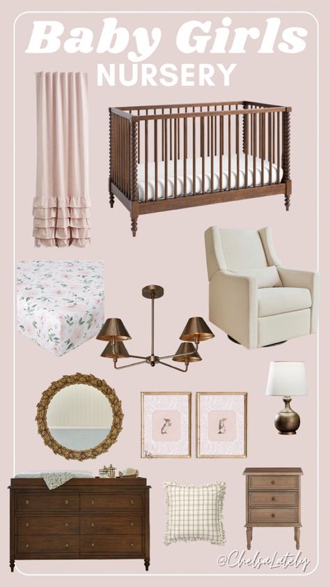 Sweet and simple baby girls nursery design board. #nursery #babygirl #nurserydecor #nurseryideas #pinknursery #babygirlnursery #babygirlroom Follow my shop @Chelsalately on the @shop.LTK app to shop this post and get my exclusive app-only content! #liketkit #LTKbaby #LTKfamily #LTKhome @shop.ltk https://liketk.it/4eU1V Baby Girl Nursery Dark Furniture, Dark Wood Crib Nursery Girl, Girly Nursery Ideas Pink, Girl Nursery Ideas Pink, Nursery Room Layout, Simple Girl Nursery, Nursery Ideas Pink, Pink Nursery Ideas, Nursery Dark Furniture