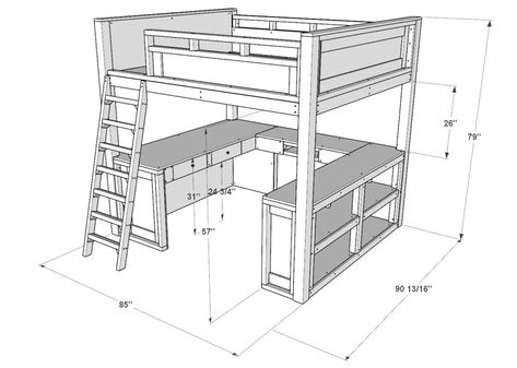 DIY loft bed Sleep & Study - DIY projects plans Loft Bed With Walk In Closet, Diy Full Size Loft Bed Plans, Full Size Loft Bed Diy, Full Size Bed Ideas, Diy Loft Bed For Adults, Loft Bed Aesthetic Room, Loft Bed Diy Plans, Diy Loft Bed Plans, King Size Loft Bed