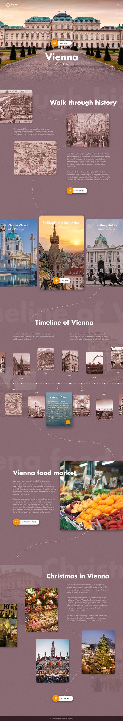 This is a website design concept I did a few years ago for the website showcasing the history tour of Vienna. The city's architecture inspired the color scheme, evoking the elegance and grandeur of Vienna's past. The UI layout incorporates maps and timelines to showcase Vienna's rich history, with interactive elements like audio guides and 360-degree virtual tours to enhance the user experience. The overall design tries to capture the essence of Vienna's cultural heritage and convey a sense of Tour Guide Website Design, Cultural Website Design, Timeline Website Design Layout, Website Timeline Design Ideas, Timeline Website Design, Website Timeline Design, History Website Design, City Website Design, History Ui Design