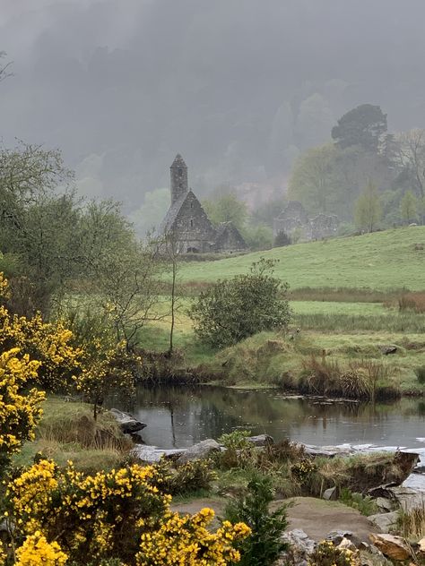 Glendalough Ireland Paintings Of Ireland Landscapes, Medieval Ireland Aesthetic, Ancient Ireland Aesthetic, Ireland Dark Aesthetic, Irish Town Aesthetic, Rural Ireland Aesthetic, Ireland Aesthetic Irish Cottage, Ireland Core, Ireland Cities