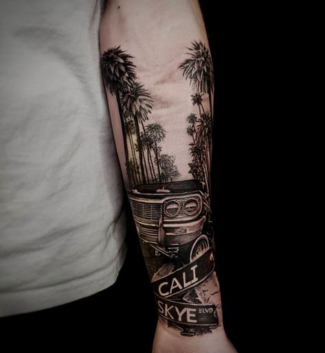 Tattoo done by Jason Vickers ig-@jason_vickers_tattoo Forearm tattoo, car, palm trees, california, low rider, impala, street sign, road sign #tattoo #tatted #ink #cai Hollywood Sleeve Tattoo, California Palm Trees Tattoo, California Tattoo Ideas Men, Road Sign Tattoo Ideas, California Sleeve Tattoo Ideas, California Theme Tattoo, Socal Tattoo Ideas, Realistic Car Tattoo, California Leg Sleeve Tattoo