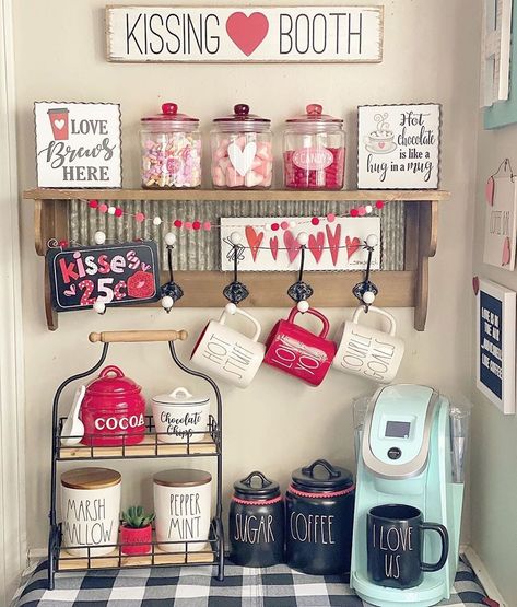 Valentines Coffee Bar Decor, Valentines Day Coffee Bar Decor, Valentine’s Day Shelf Decor, Valentine’s Day Coffee Bar Decor, Rae Dunn Coffee Bar With Lower Shelf, Coffee Nook, Rae Dunn Collection, Valentines Day Dinner, Entry Tables