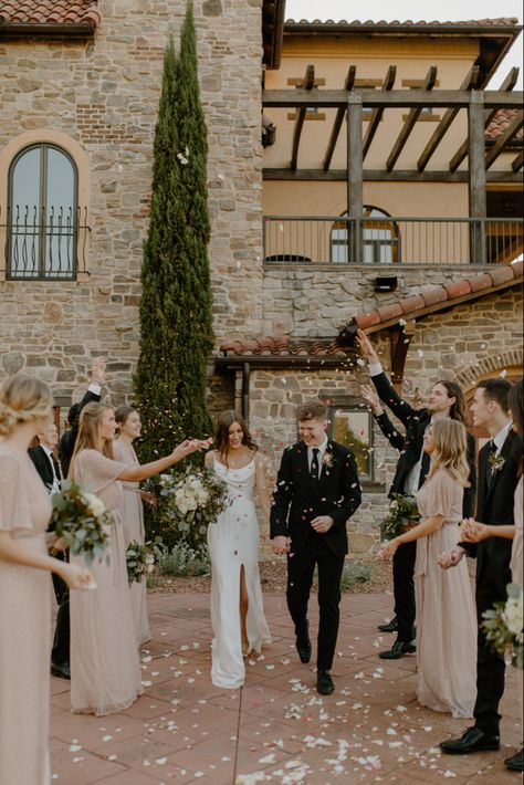 Destination wedding photography / Tuscany/italian inspired wedding ceremony in vineyard / Bride and groom exhange vows during intimate ceremony / North Carolina wedding / #weddingexitphotos #flowerpetalexit #weddinginspiration #vows #destinationwedding #italianwedding #europeanwedding #elegantbride #silkweddingdress #vineyardwedding #destinationweddingphotographer Tuscany Wedding Bridesmaid Dresses, Tuscan Wedding Ceremony Decor, Italian Wedding Bride And Groom, Italian Vineyard Wedding Tuscany Italy, Tuscany Italy Wedding Dress, Elopment Wedding Tuscany, Tuscany Vineyard Wedding, Italian Mountain Wedding, Italian Wedding Bride