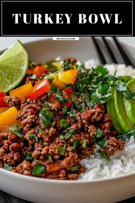 I love this colorful and hearty turkey bowl! It's packed with flavor from the seasoned ground turkey and fresh veggies. Plus, it's super easy to make and perfect for meal prep. Serve it over fluffy rice, add some avocado, and squeeze fresh lime juice for a burst of freshness. You’ve got to try this for your next family dinner! Turkey Meat Bowls, Easy Ground Turkey Bowls, Ground Turkey And Veggies Recipes, Ground Turkey Bowls Healthy, Ground Turkey Rice Bowl, Turkey Bowl Recipe, Meals With Ground Turkey, Turkey Burrito Bowl, Recipes With Turkey