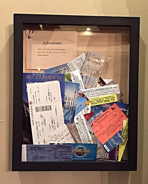 Shadow box filled with ticket stubs, menus and other ephemera. Ticket Shadow Box Ideas, Travel Shadow Box Ideas, Ticket Stub Ideas, Ticket Shadow Box, Shadow Box Diy, Shadow Box Ideas, Diy Shadow Box, Ticket Stubs, Diy Crafts To Do