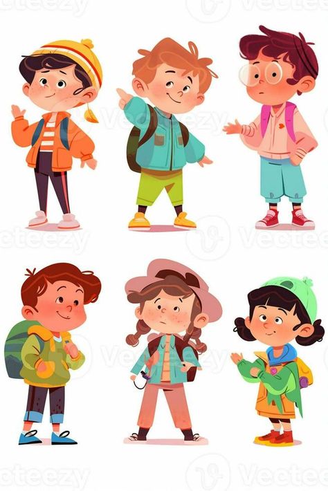 cartoon children with backpacks and backpacks are standing and talking. generative ai. Children Storybook Illustration, Kid Illustration Character, Children Illustration Character, Kid Character Design, Kids Book Illustration, Kids Reference, Childrens Book Characters, Children's Book Characters, Backpack Art