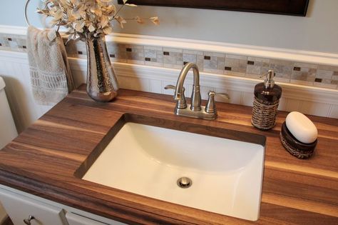 Bathroom butcher block counter with undermount sink Wood Countertop Bathroom, Butcher Block Bathroom, Bathroom Countertops Diy, Cheap Bathroom Vanities, Makeover Kamar Mandi, Wooden Countertops, Diy Bathroom Vanity, Cheap Bathrooms, Wooden Counter