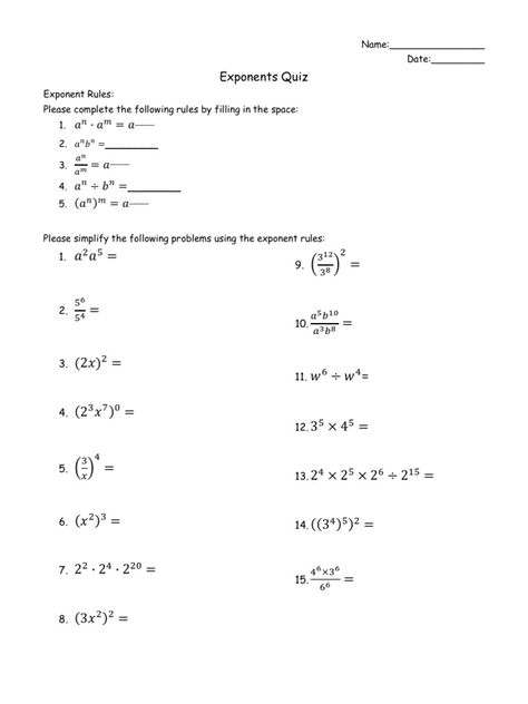 Quiz over the exponent rules Exponent Rules Worksheet, Exponents Worksheet For Class 8, Exponents Worksheet Class 7, Exponent Rules Activities, Algebra Equations Worksheets, Scientific Notation Worksheet, Exponent Rules, Simplifying Algebraic Expressions, Exponent Worksheets