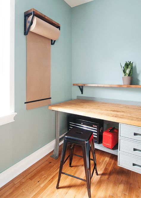 Blue Wall Colors, Shelf Paper, Small Room, Modern Desk, Shelf Brackets, Wall Storage, Paper Roll, Blue Walls, Wall Color