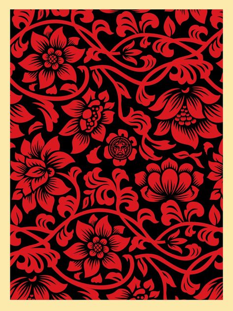 Floral Takeover 2017 (Red/Black) / Shepard Fairey via obeygiant.com Black And Red Pattern Wallpaper, Black And Red Pattern, Red And Black Background Graphic Design, Obey Shepard Fairey, Red Floral Background Design, Shepard Fairey Art, Obey Giant, Shepard Fairey Obey, Japan Painting