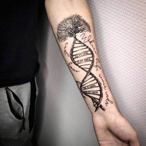 Men Tattoo Ideas For Daughters, Family Men Tattoo Ideas, Forearm Tattoos Men Family, Dna Family Tree Tattoo, Dna Tattoo With Names, Dna Family Tattoo, Viking Family Tattoo, Men’s Family Tattoo, Dna Tattoo Men