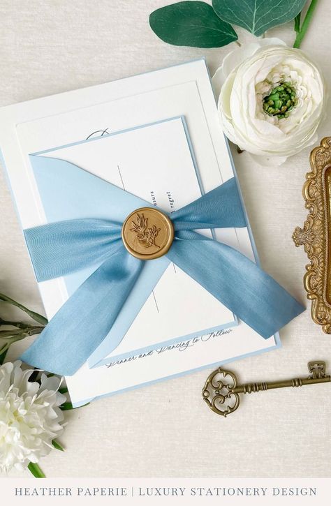 White and blue wedding invitation suite wrapped in silk ribbon and sealed with a wax seal Romantic Wedding Invitations, Elegant Wedding Invitation Card, Memorable Wedding, Custom Wedding Stationery, Luxury Stationery, Wedding Stationery Design, Wedding Invitations Romantic, Wedding Look, Blue Wedding Invitations