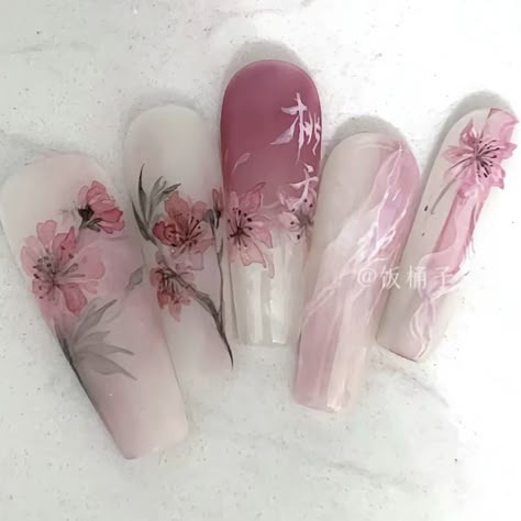 China Inspired Nails, Spider Lily Nails, Water Lily Nails, Lotus Flower Nails, Lotus Nails, Lily Nails, Dragon Nails, Cute Pink Nails, Vintage Nails