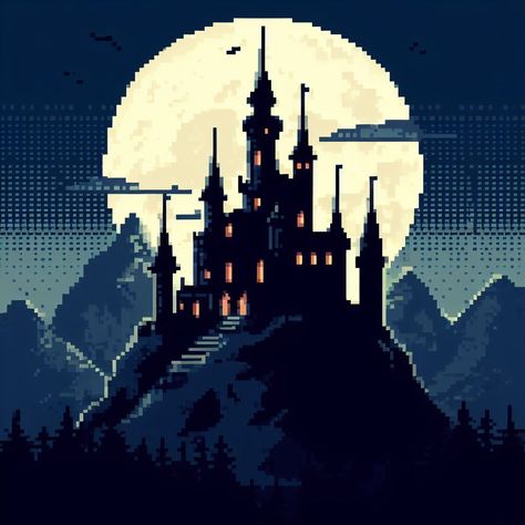 Vampire Pixel Art, Dark Fantasy Pixel Art, Castle Pixel Art, Gothic Pixel Art, Vampire Pattern, Goth Pixel Art, Castle Layout, Vampire Castle, Dark Spells