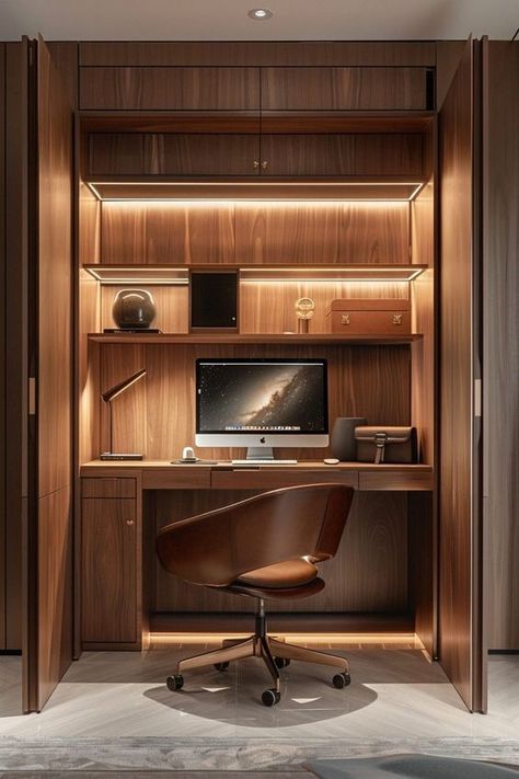 29 Clever Hidden Desk Ideas to Maximize Your Workspace - DeskHive Hideaway Work Station, Desk Design Ideas Bedrooms, Hidden Office In Bedroom, Study Area In Bedroom, Hidden Office In Living Room, Hidden Office Space, Hidden Workspace, Hidden Desk Ideas, Hidden Home Office