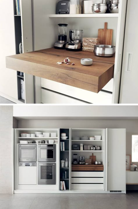 Kitchen Design Idea - Pull-Out Counters (10 Pictures) // Pull-out counters are great for creating more space in a compact kitchen that can be closed up completely when it isn't being used. Low Counter In Kitchen, Oven Space In Kitchen, Kitchen Prep Area Counter Space, Kitchen In A Cupboard, Close Kitchen Design, Hidden Kitchen Ideas, Appliance Cupboard Kitchen, Baking Kitchen Design, Hidden Oven