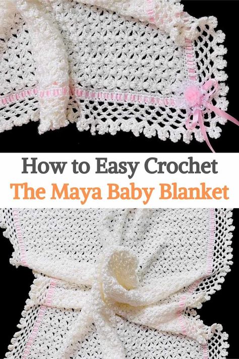 Prepare your little one's crib and give it extra comfort with this adorable and easy crochet baby blanket. The Maya Crochet Baby Blanket pattern with a delicate crochet stitch edge with a lacey effect. To make this crochet baby blanket, you will need #4 acrylic yarn or any yarn weight such as 8ply, 10ply, DK, Aran, or #3 acrylic or cotton yarn. You will need about 785g of yarn to make the blanket, which measures around 43 x 44 cm including the border. Crochet it as a baby blanket for coming... Crochet Baby Blanket Free Pattern 4 Ply, Crochet Lace Baby Blanket, Lacey Baby Blanket Crochet Patterns, Baby Blanket Patterns Sewing, Crochet Baby Blanket Borders, Diy Baby Blanket Crochet, Border Crochet, Crochet Baby Shawl, Baby Blanket Crochet Pattern Easy