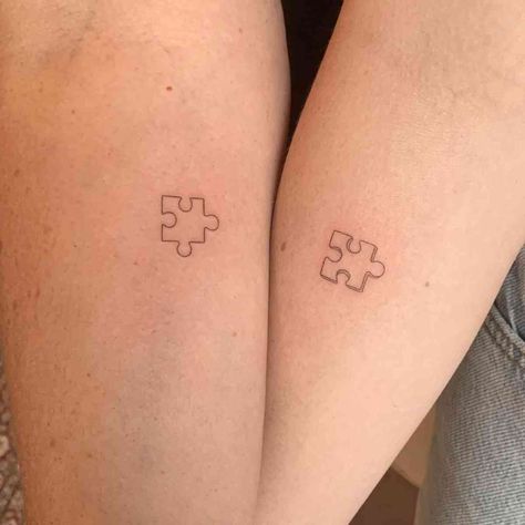 83 Matching Puzzle Piece Tattoo Ideas - TattooGlee Minimalistic Clock Tattoo, Puzzle Pieces Tattoo Design, Puzzle Piece Tattoo Family, Tattoo Puzzle Piece, Family Matching Tattoos, Matching Tattoos With Mom, Duo Tattoo Ideas, Duo Tattoos, Jigsaw Tattoo